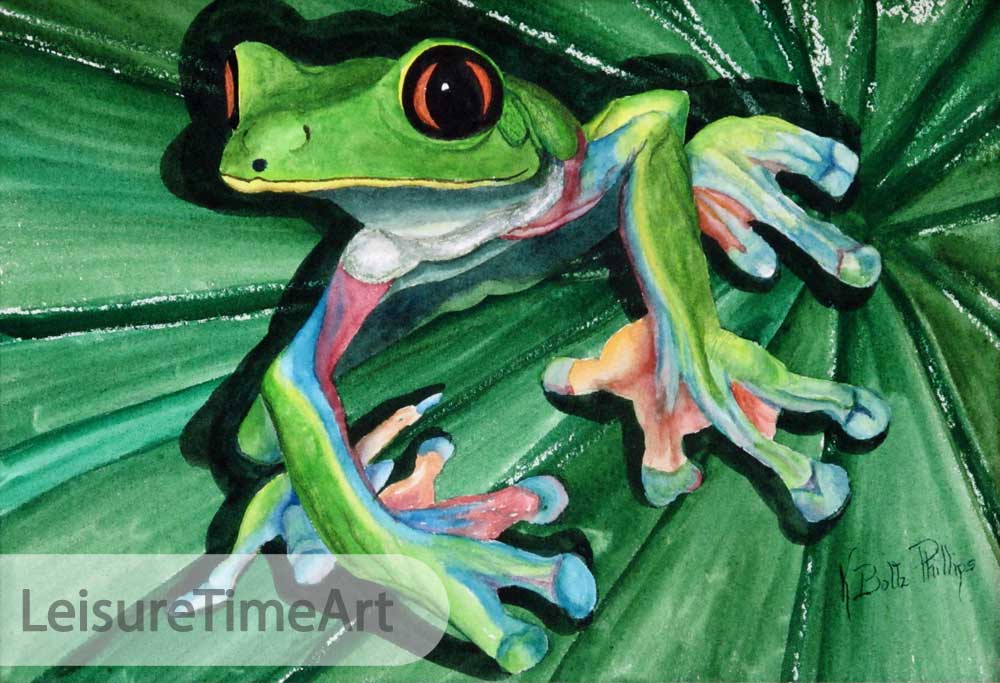 Frog on Green Leaf Original Watercolor