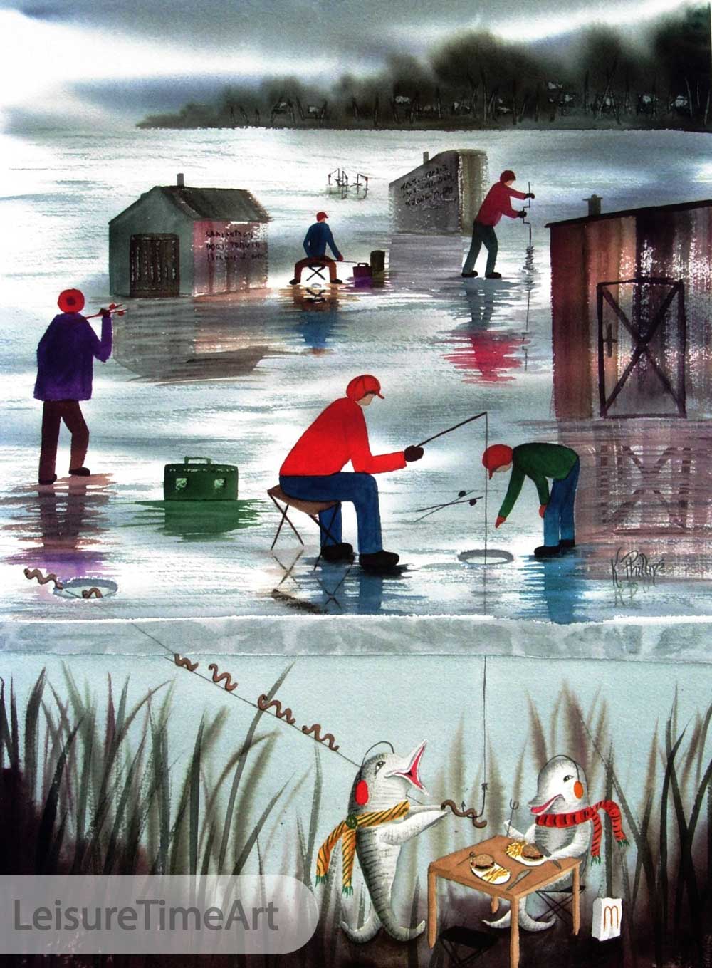 Ice Fishing Offset Lithograph Watercolor Reproduction