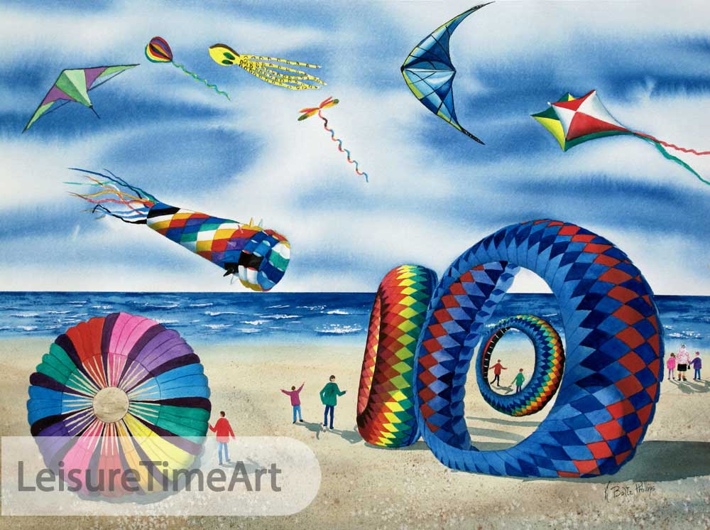 Kites on Beach Original Watercolor