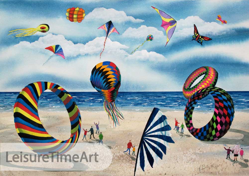Kites on Beach with Flag Original Watercolor