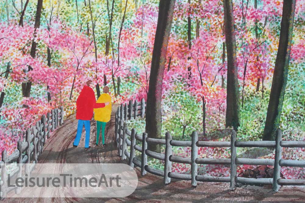 Spring Walk with Couple Original Watercolor